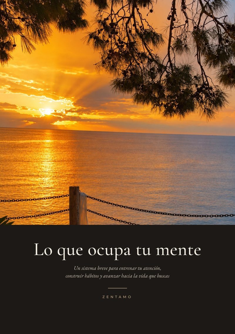 Tapa del libro «Lo que ocupa tu mente», de Zentamo: un atardecer sobre el mar entre ramas de pino.